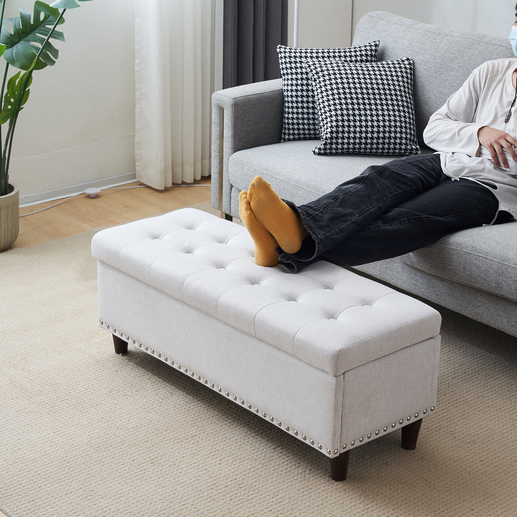 Off-White Linen Upholstered Storage Bench W2719