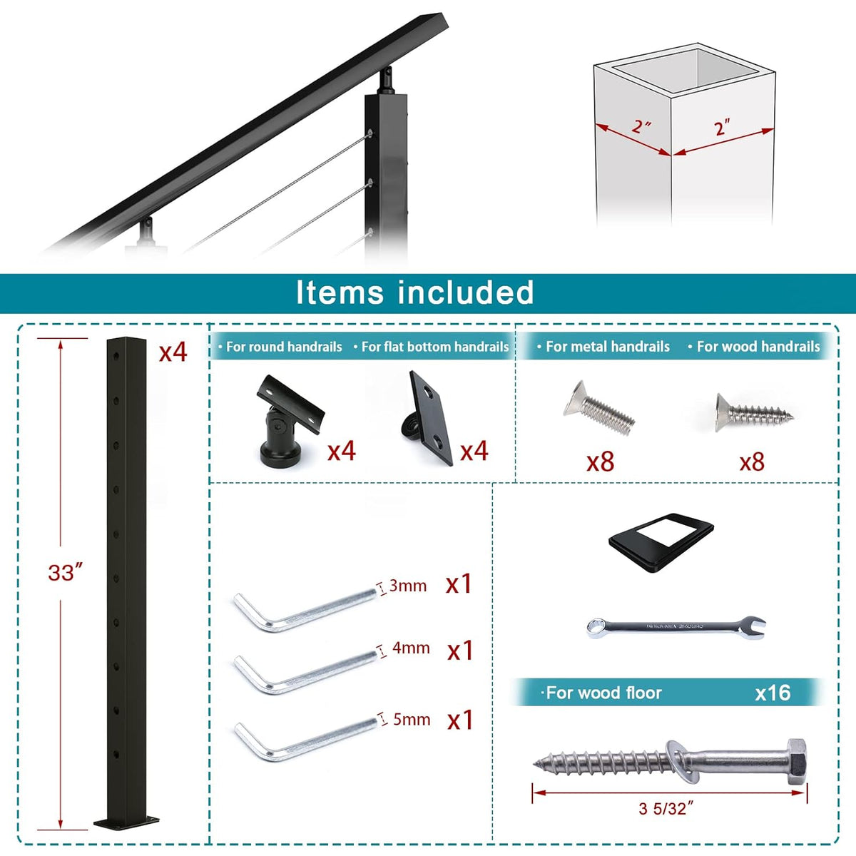 Black 30 Degree Stair Pre-Drilled Angle Holes 36x2x2 Stainless Steel Square Weldless Cable Railing Post M788814