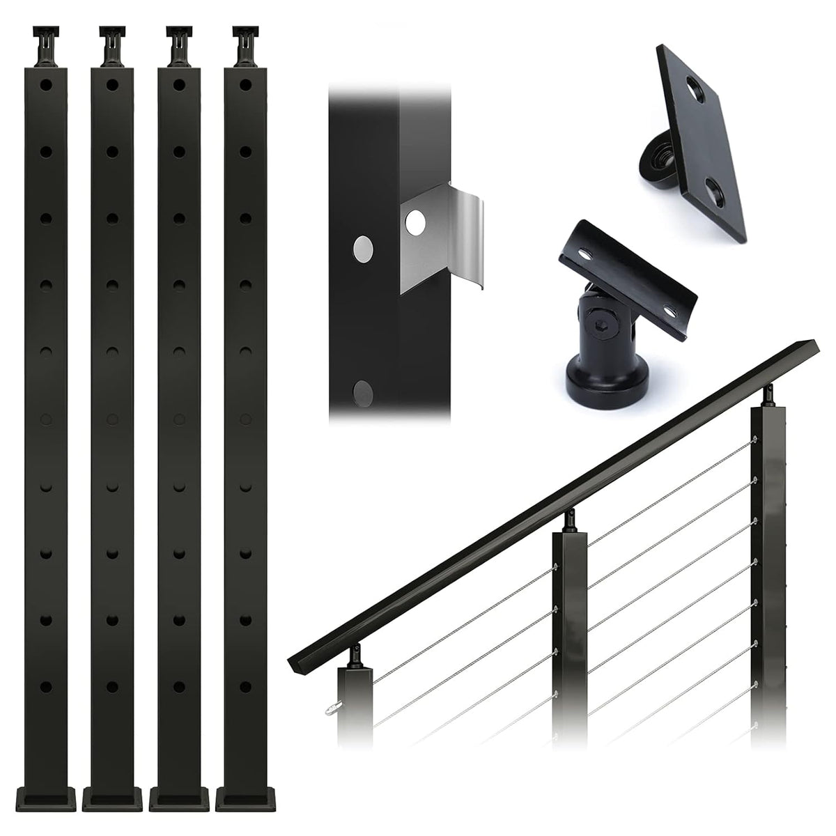 Black 30 Degree Stair Pre-Drilled Angle Holes 36x2x2 Stainless Steel Square Weldless Cable Railing Post M788814