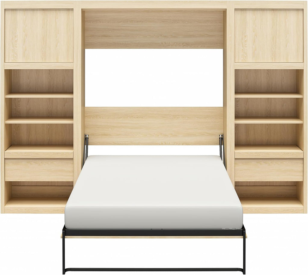 Full Size Murphy Wall Bed with Storage in Light Oak U6162