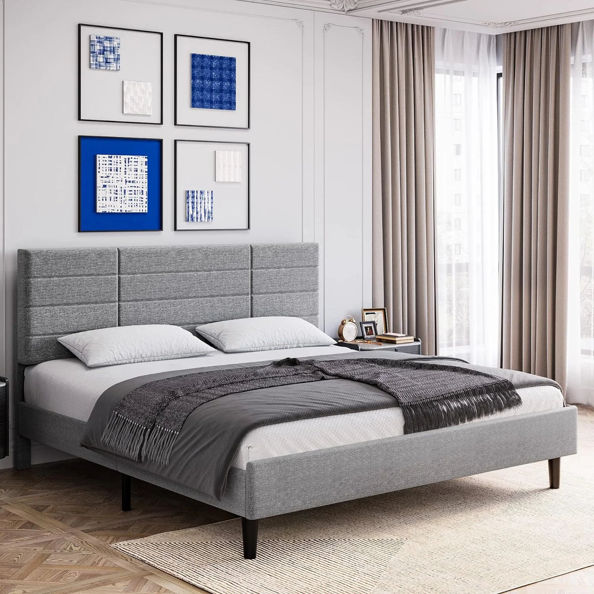 Queen Size Light Grey Upholstered Platform Bed Frame Y9173