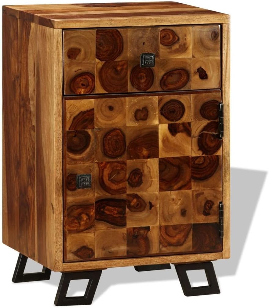 Solid Sheesham Wood Nightstand with Iron Legs and Storage Drawer E12327