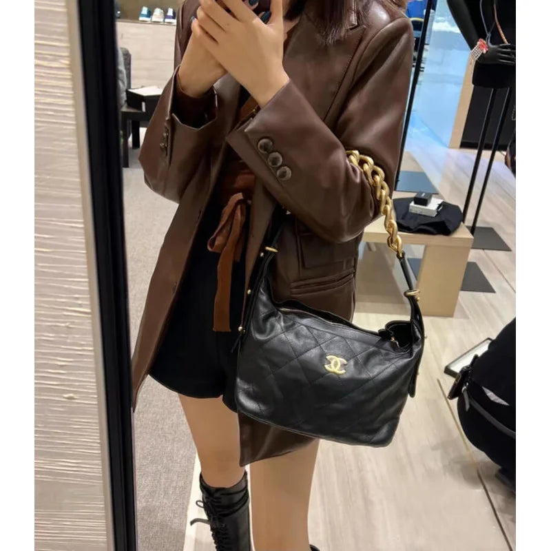 Black Calfskin Leather Hobo Bag N685