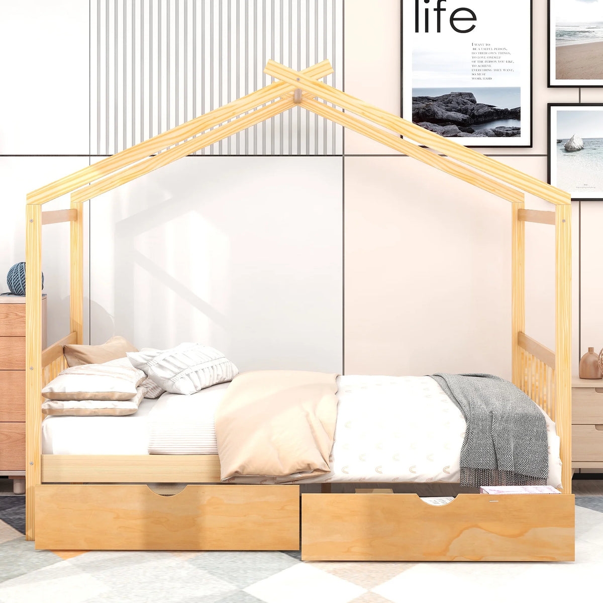 Full Size House Bed with Roof and 2 Drawers M964