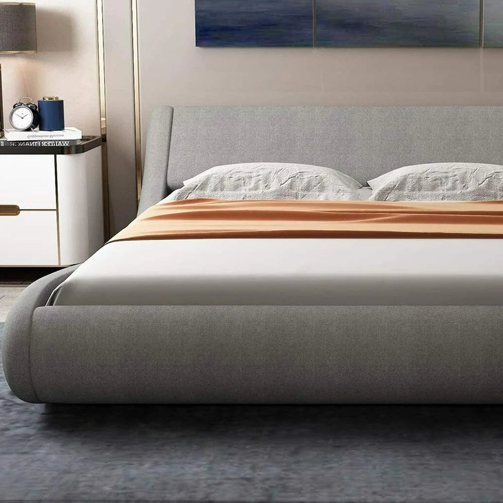 Queen Size Bed Frame with Curved Adjustable Headboard Grey I345