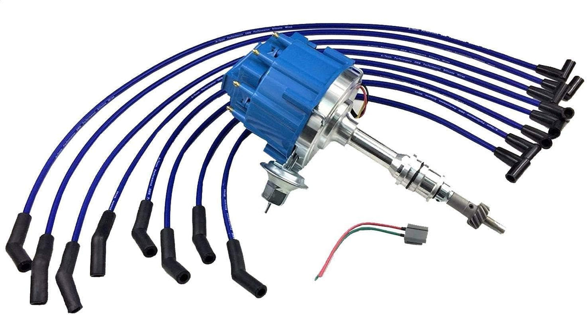 HEI Distributor 65K Coil Complete with 8mm Red Silicone Spark Plug Wires and Battery-Pigtail Harness Kit E23556