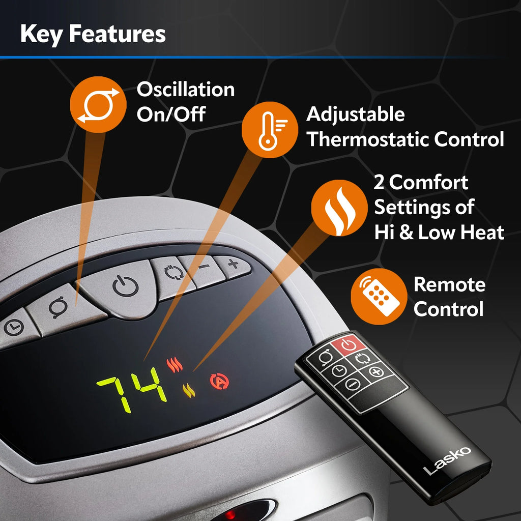 23" 1500W Oscillating Ceramic Space Heater with Timer, Remote, Silver S1330