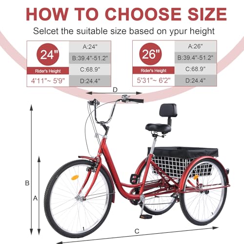 24/26-Inch 3-Wheel Adult Tricycle with 7-Speed Gearing and Basket K5580