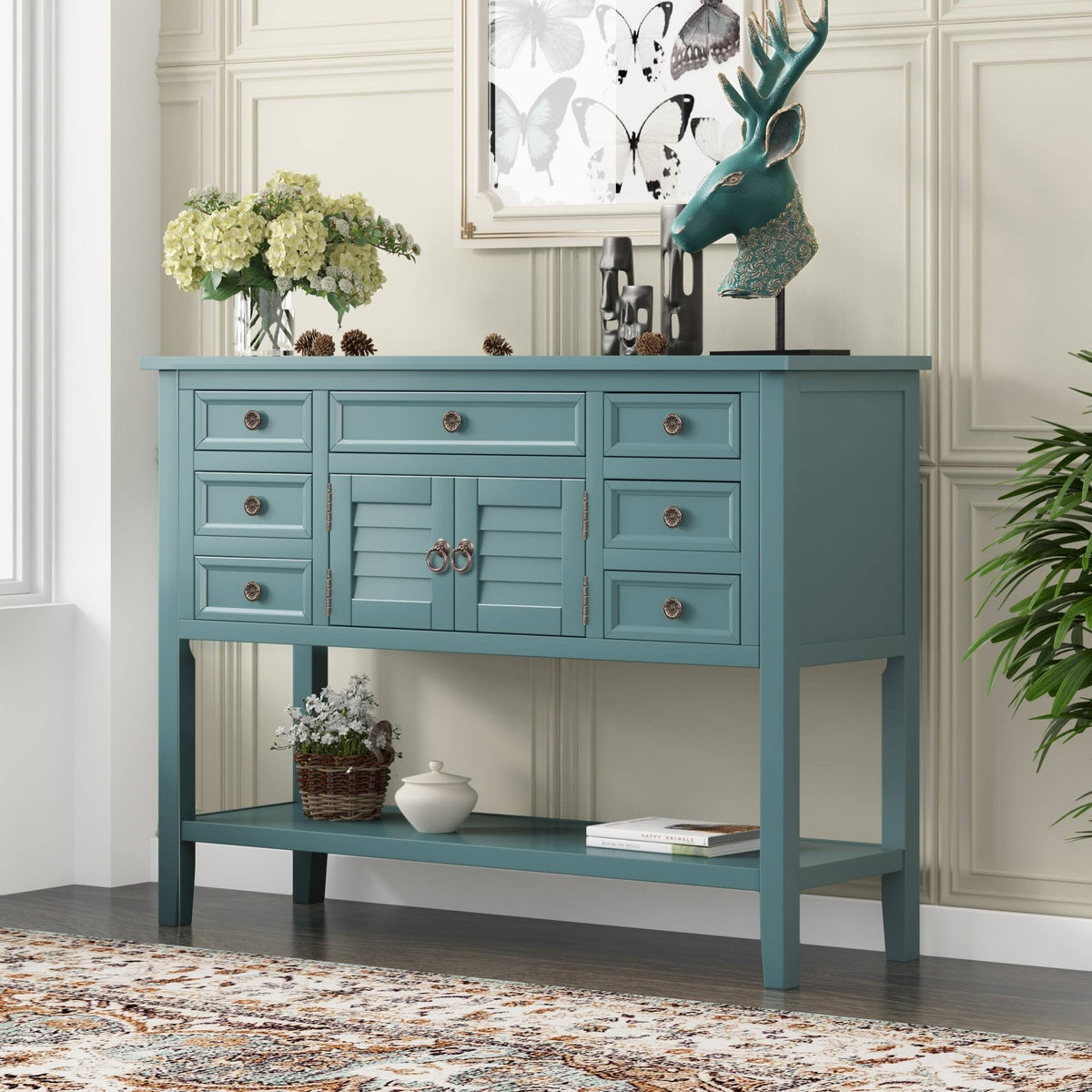 Green 7 Drawer Console Table with Cabinet I612