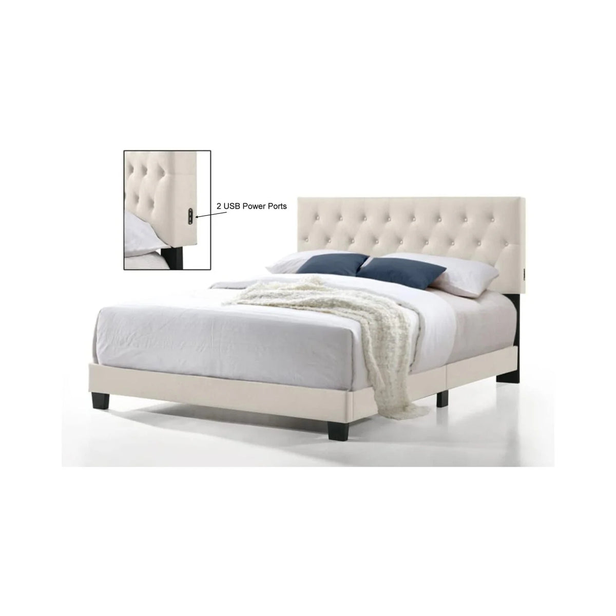 Beige Twin Size Linen Bed with USB Power Connection X68361