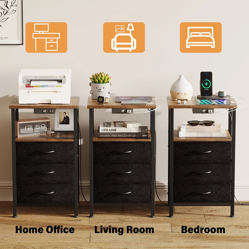 3-Tier Nightstand with Drawers and Charging Station L189