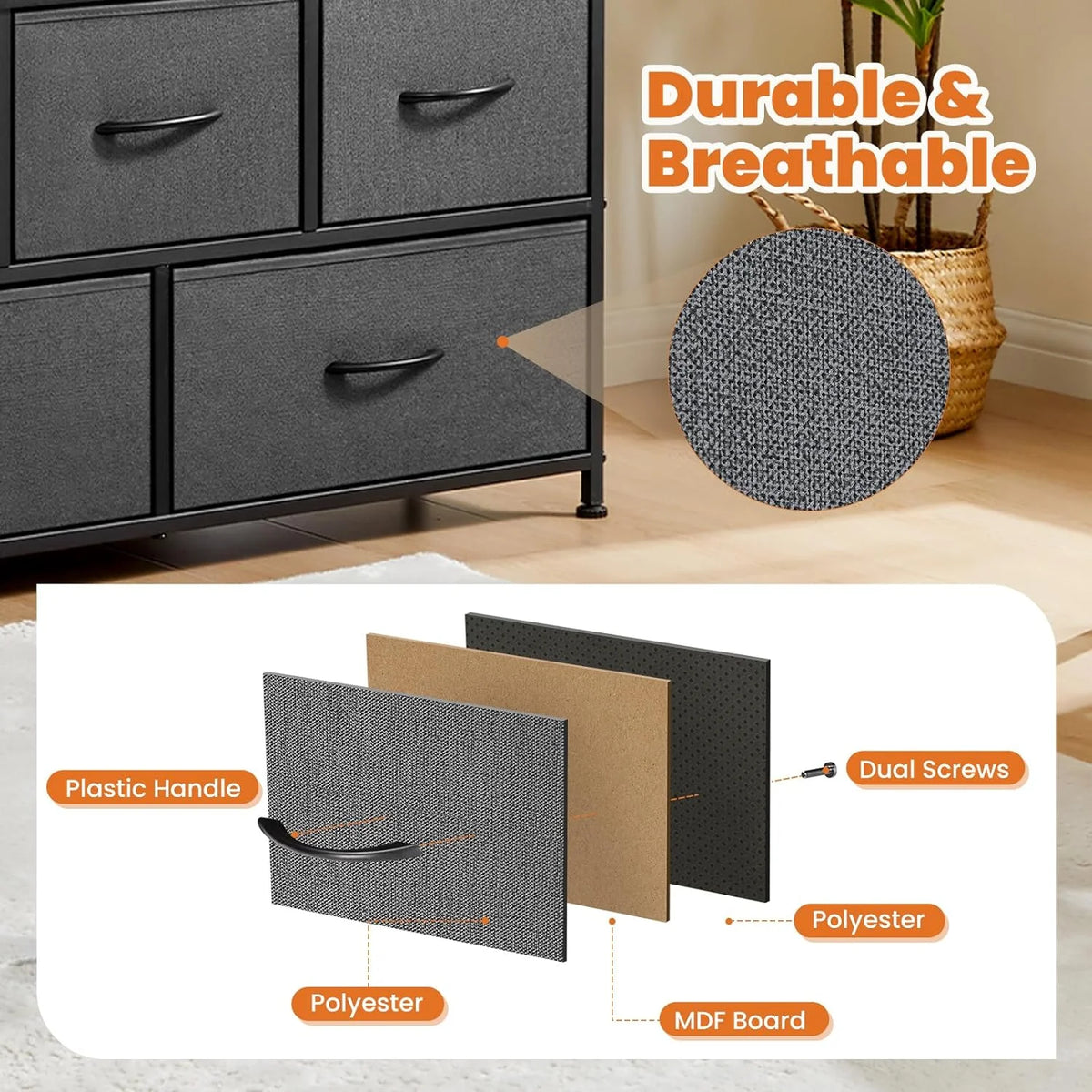 5 Fabric Drawer Dresser with Wood Top and Steel Frame Y670
