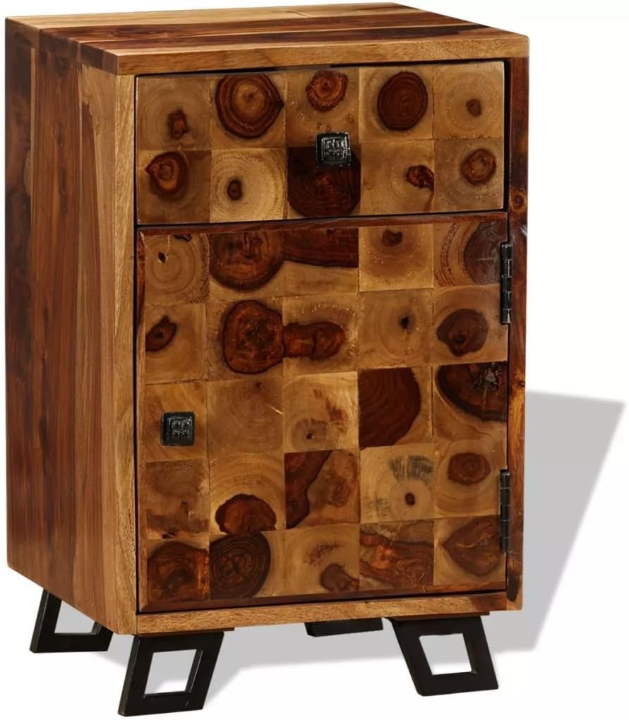 Solid Sheesham Wood Nightstand with Iron Legs and Storage Drawer E12327
