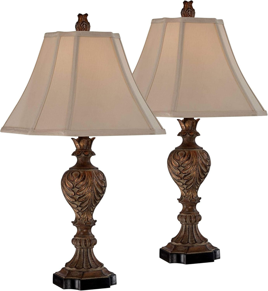 Traditional Table Lamps Set of 2 Brown Tan Fabric Square Bell Shade P30852
