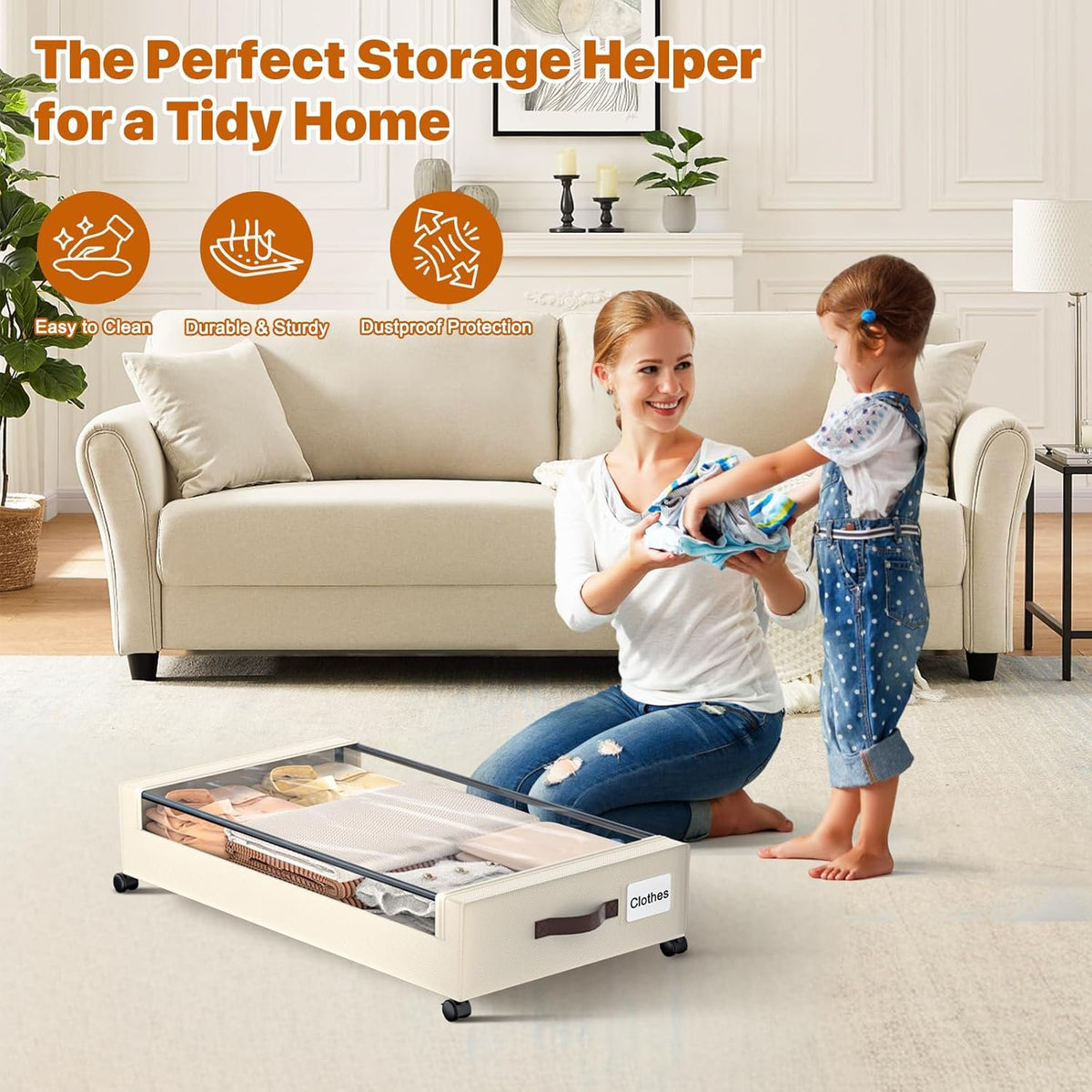 White 4 Pack 60L Under Bed Storage Bins with Wheels and Clear Lids D491