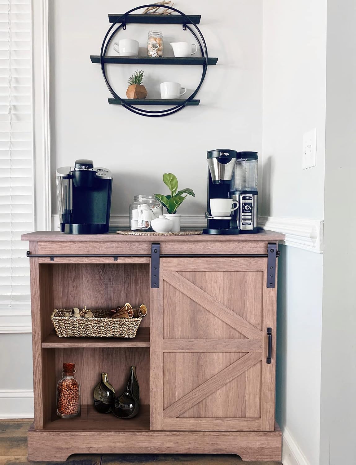 Brown Oak Kitchen Storage Cabinet with Sliding Door T273