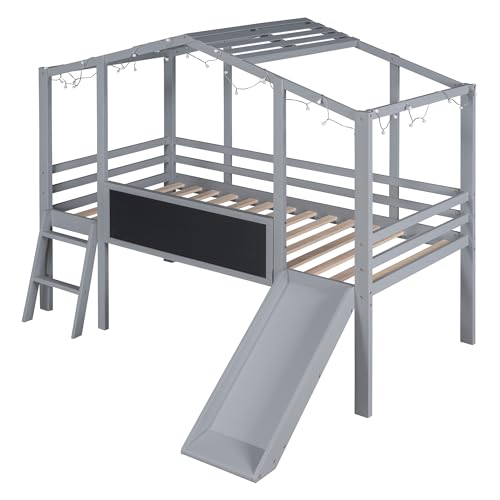White Twin Low Loft Bed with Slide and Storage Shelves L4881