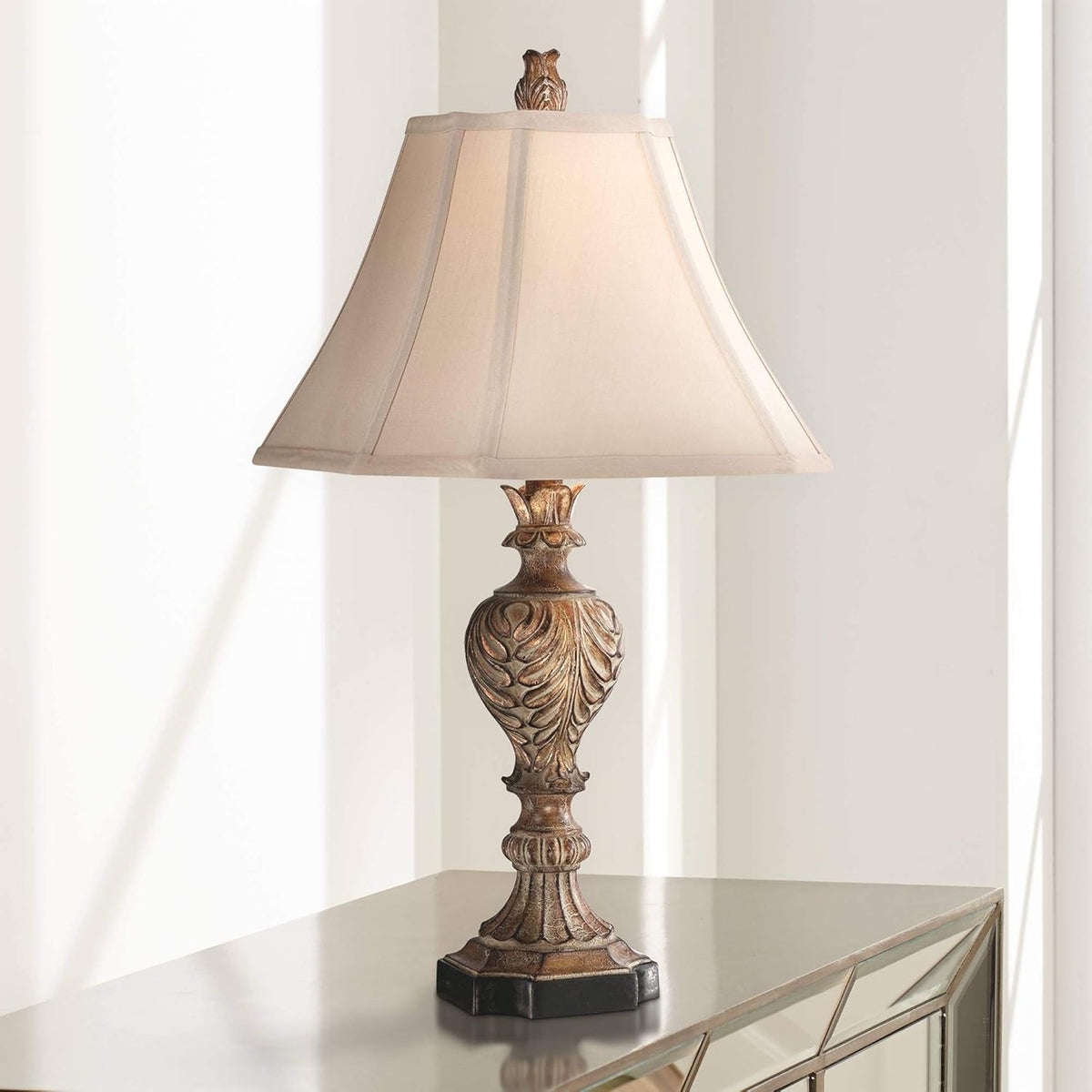Traditional Table Lamps Set of 2 Brown Tan Fabric Square Bell Shade P30852
