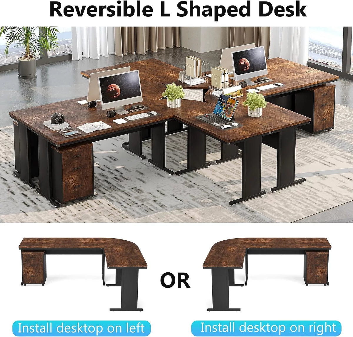 83" L-Shaped Executive Desk with 3-Drawer File Cabinet S38395