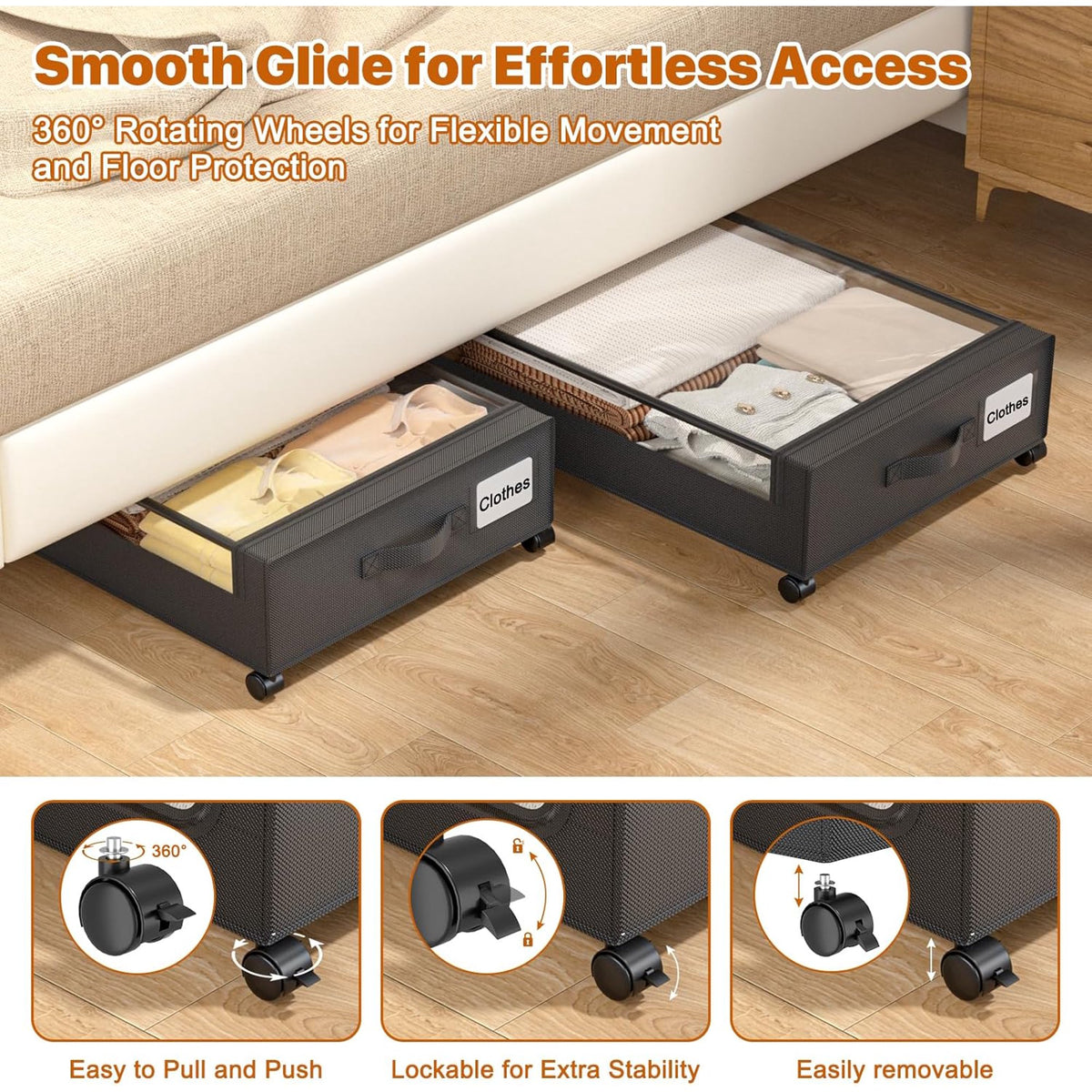 White 4 Pack 60L Under Bed Storage Bins with Wheels and Clear Lids D491