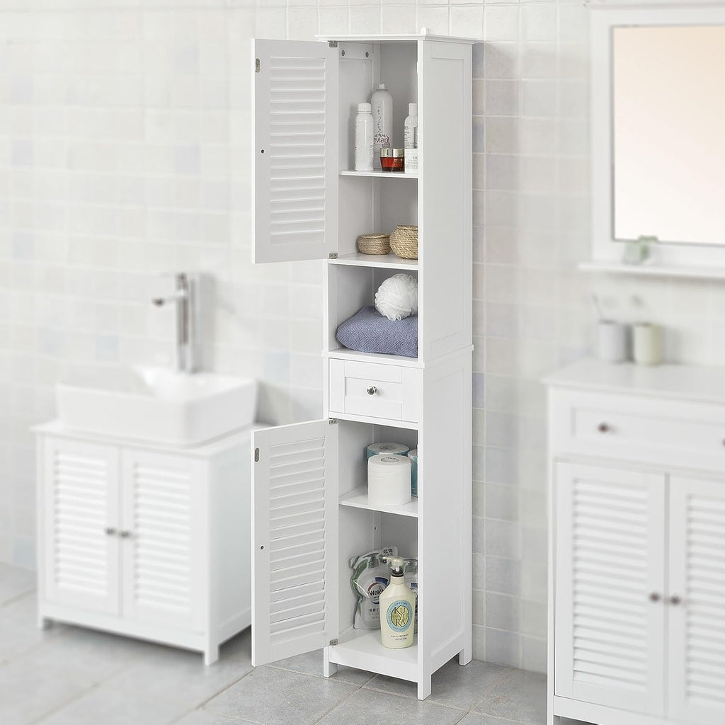White Floor Standing Tall Bathroom Storage Cabinet with Shelves and Drawers R24554