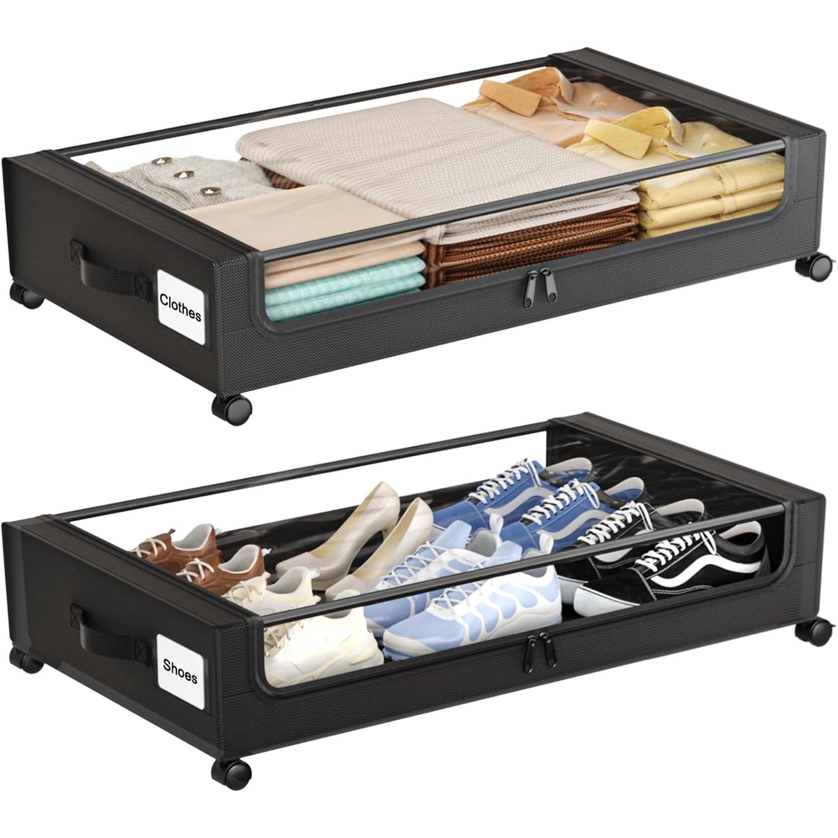 White 4 Pack 60L Under Bed Storage Bins with Wheels and Clear Lids D491