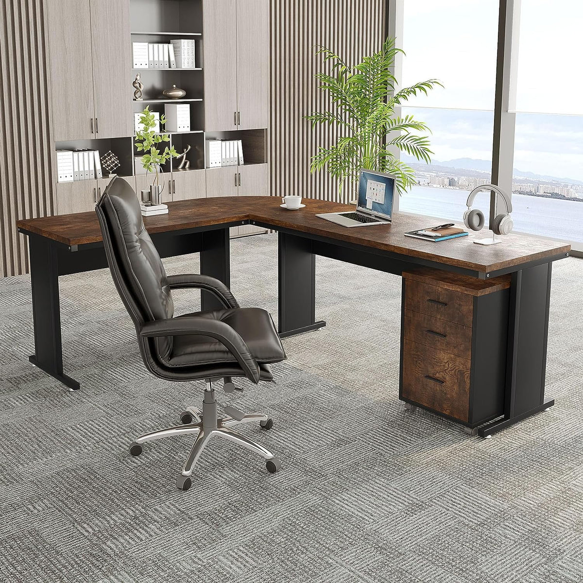 83" L-Shaped Executive Desk with 3-Drawer File Cabinet S38395