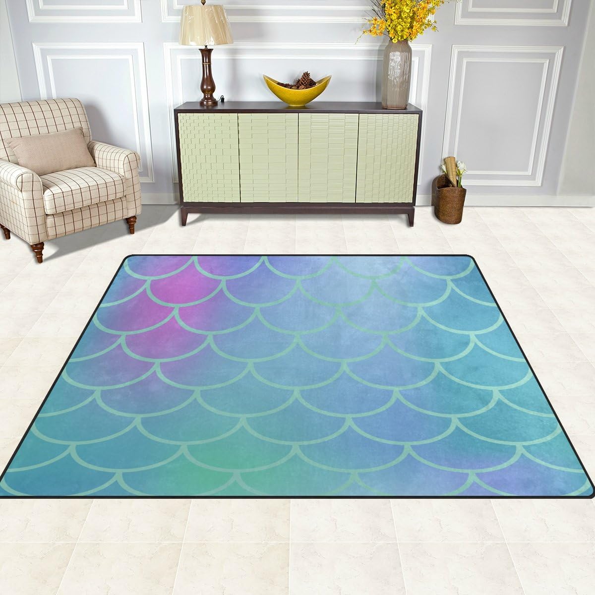 Gradient Blue Fish Scale Lightweight Carpet Mats Area Rug M2976