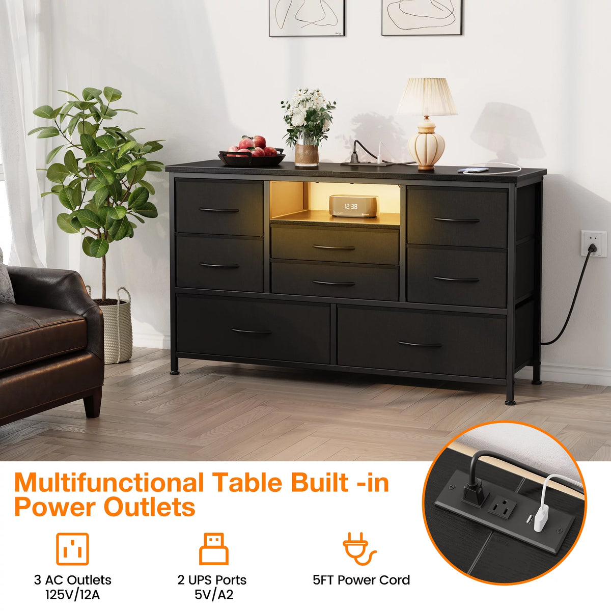 8 Drawer Dresser TV Stand with Electrical Outlet and LED Lights J502
