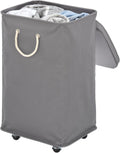Gray Polyester Portable Laundry Hamper with Wheels and Lid U2586