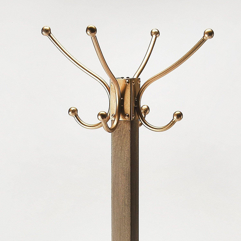 Wood & Antique Gold Coat Rack Tree D1793