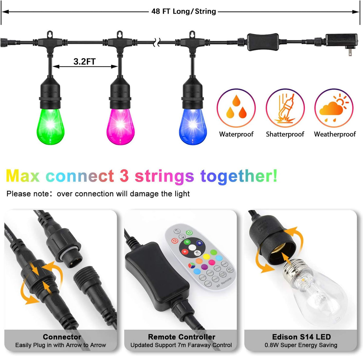2-Pack RGB Outdoor String Lights with S14 Edison Bulbs 96FT L5017