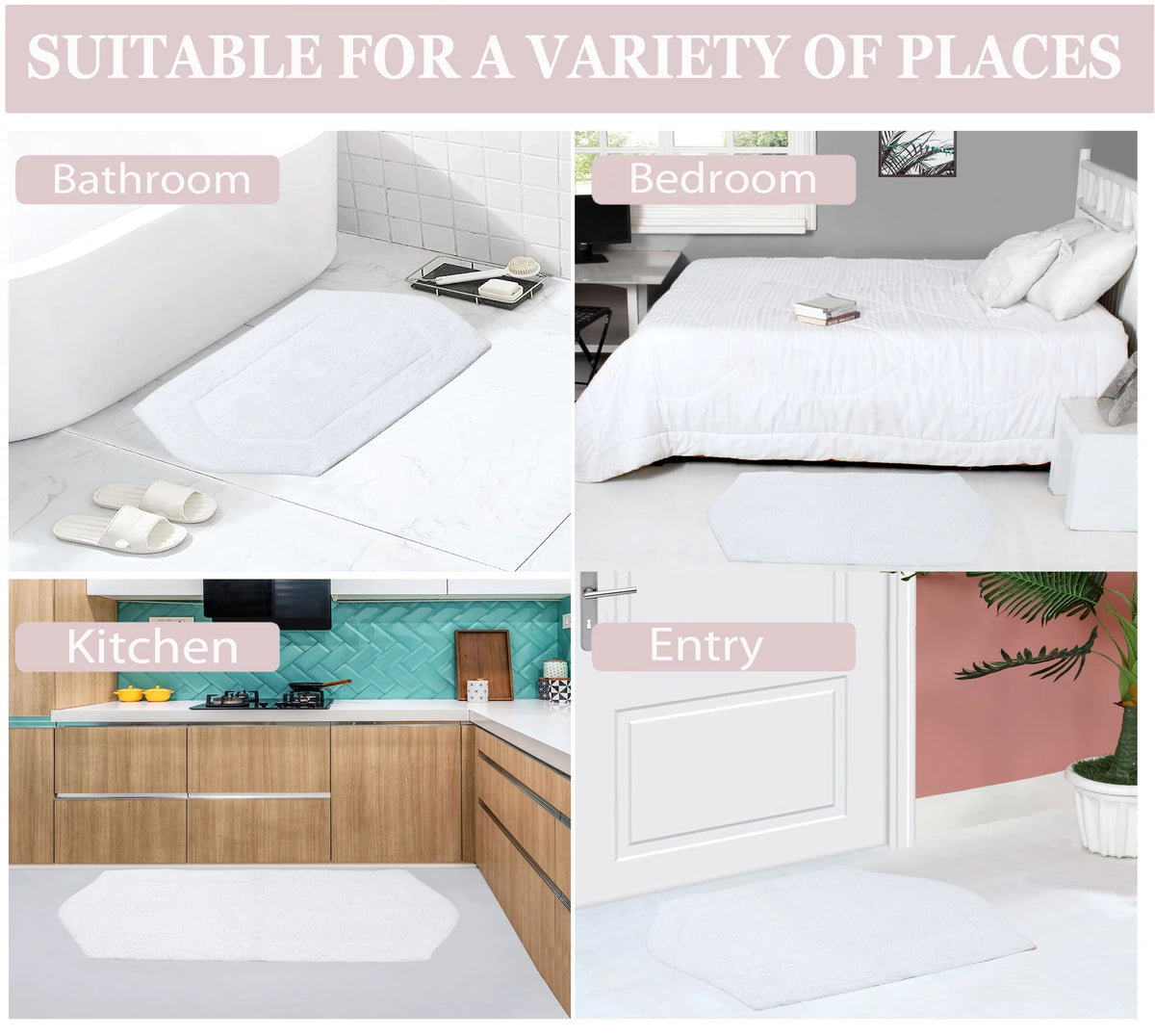 White Cotton Non-Slip 3 Piece Bath Rug Set S341