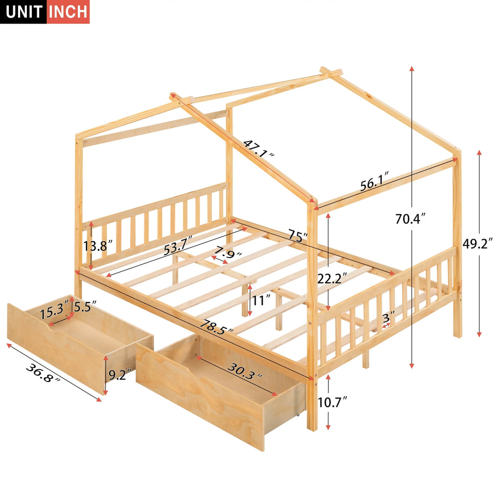 Full Size House Bed with Roof and 2 Drawers M964