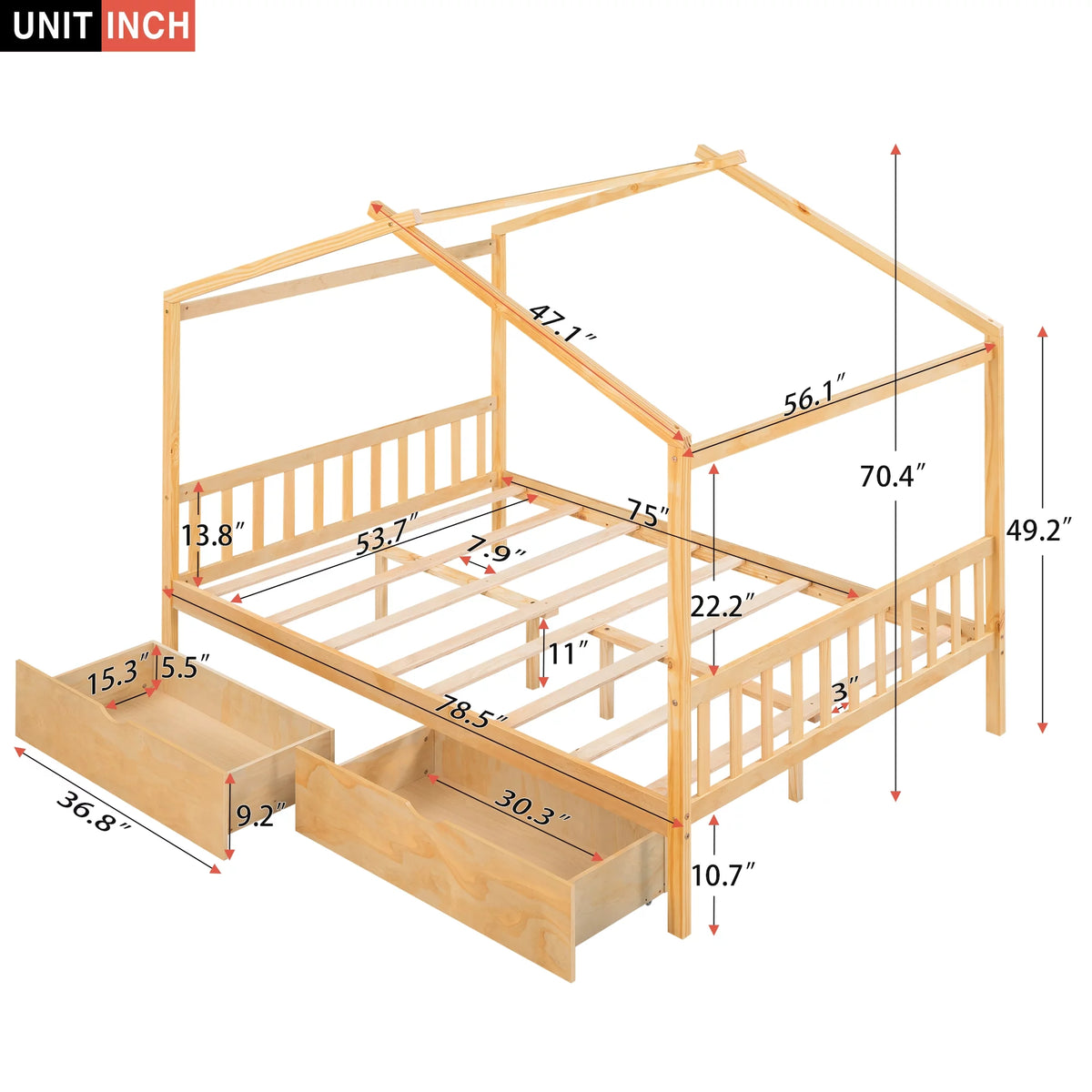 Full Size House Bed with Roof and 2 Drawers M964