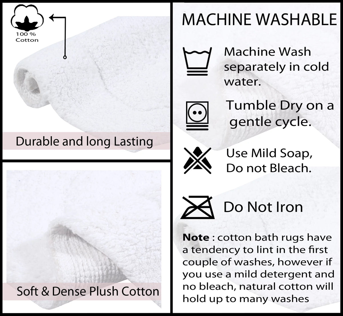 White Cotton Non-Slip 3 Piece Bath Rug Set S341