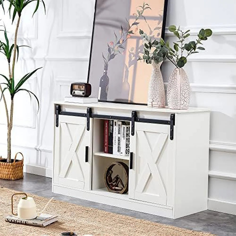 47 Inch White Farmhouse TV Stand with Sliding Barn Door R567722