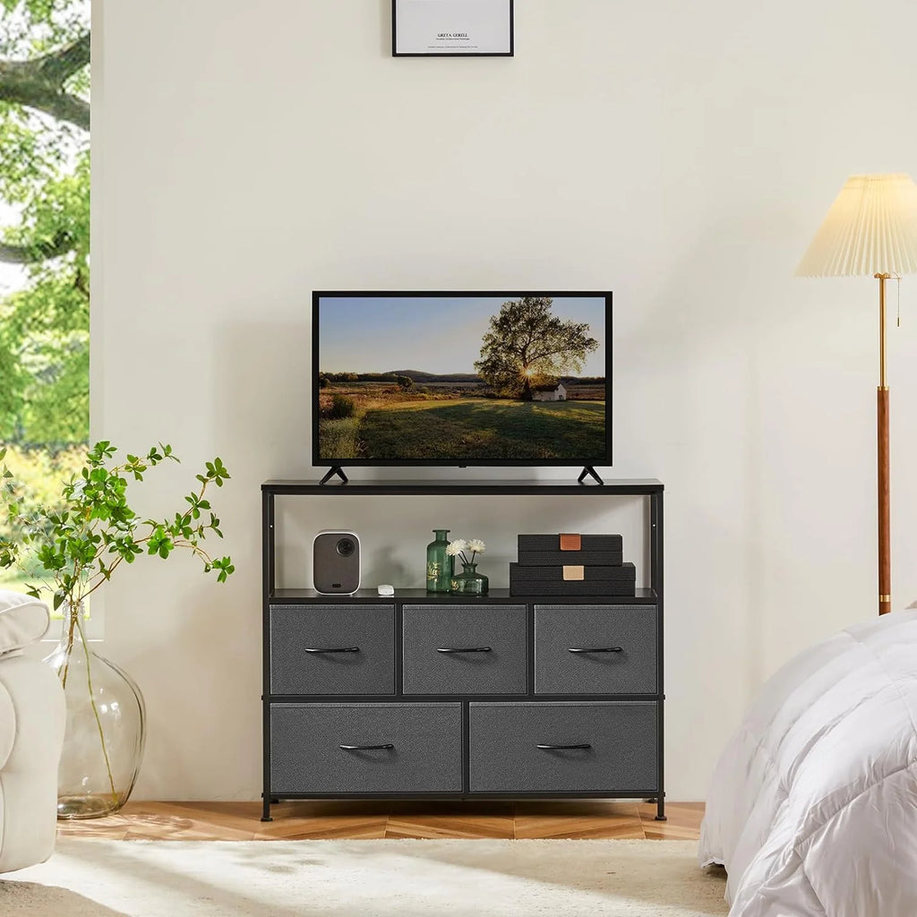 5 Fabric Drawer Dresser with Wood Top and Steel Frame Y670