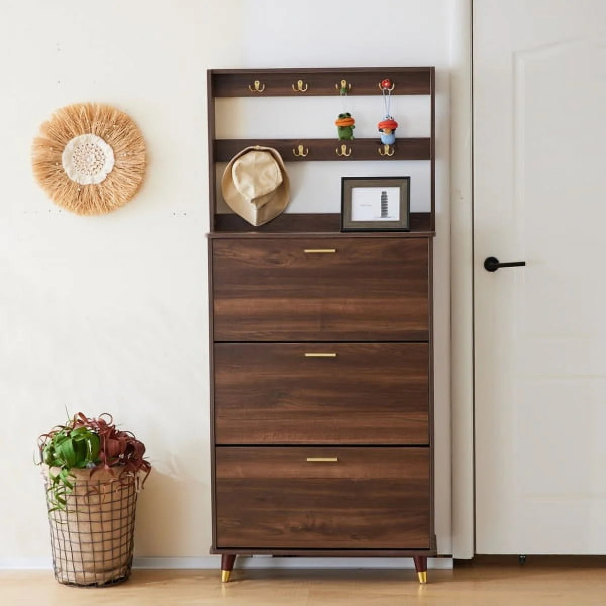 Brown Hall Tree with 12 Hooks & 3 Shoe Cabinets I40079