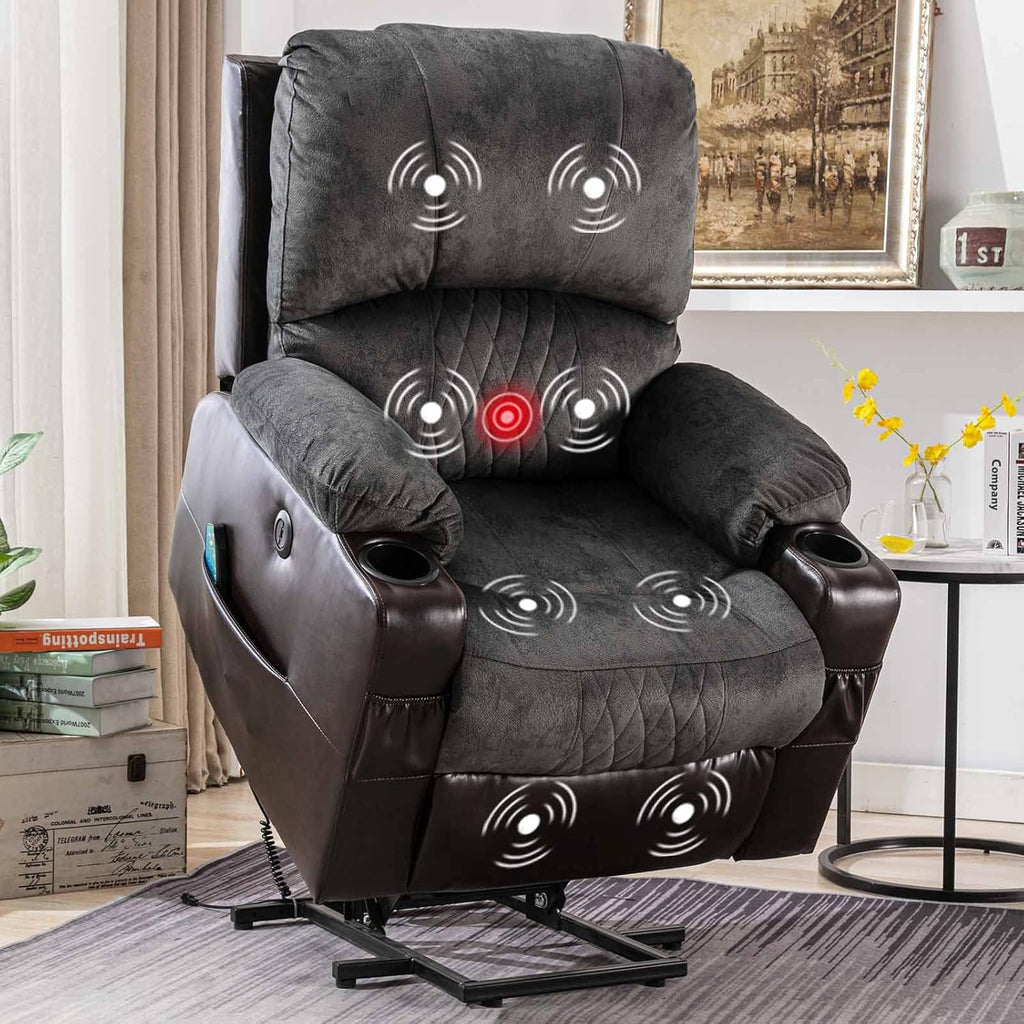 Grey Power Lift Recliner Chair with Heated and Vibration Massage, USB Port, 2 Cup Holders A2016