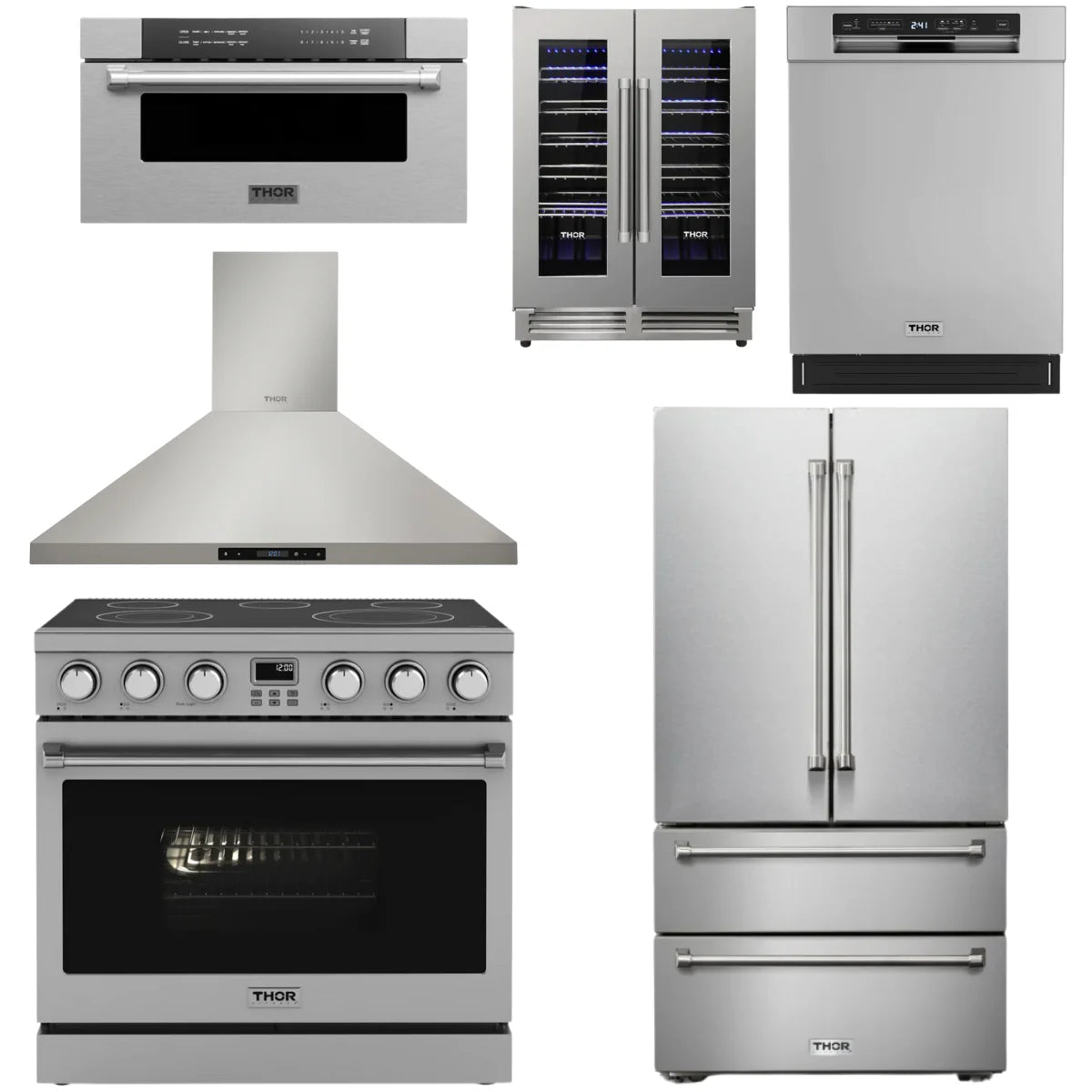 36 Electric Range, Range Hood, Refrigerator, Dishwasher, Microwave and Wine Cooler X855297