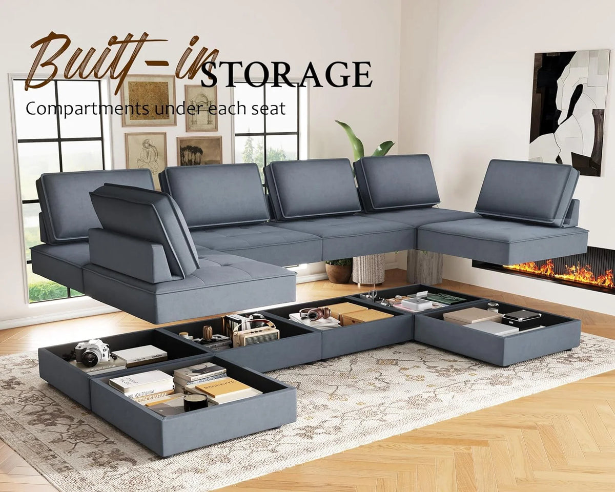 7 Seater Velvet Beige Sectional Sofa A396