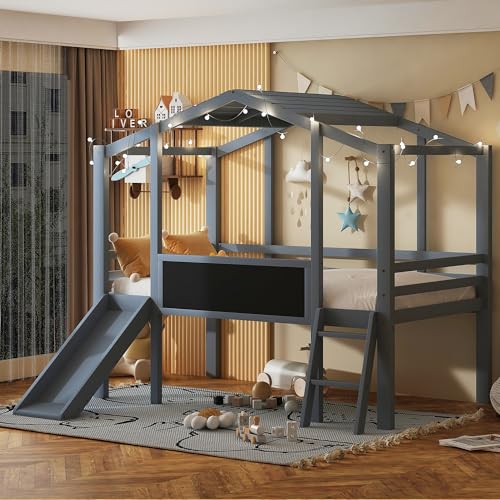 White Twin Low Loft Bed with Slide and Storage Shelves L4881