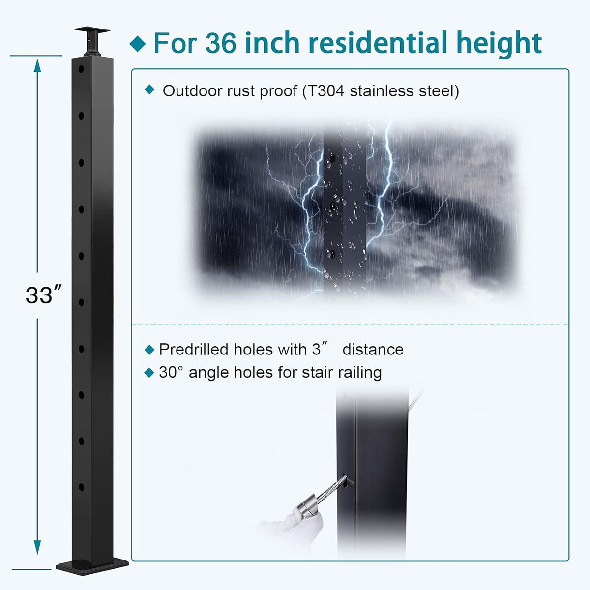 Black 30 Degree Stair Pre-Drilled Angle Holes 36x2x2 Stainless Steel Square Weldless Cable Railing Post M788814