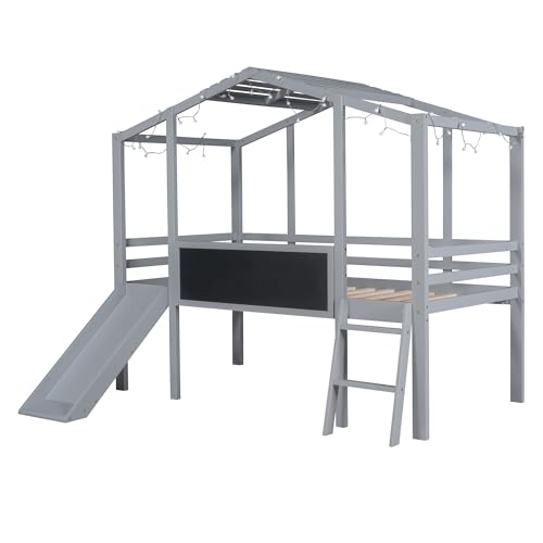 White Twin Low Loft Bed with Slide and Storage Shelves L4881