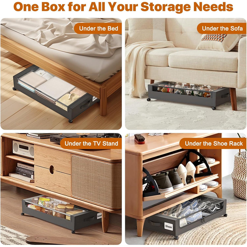 White 4 Pack 60L Under Bed Storage Bins with Wheels and Clear Lids D491