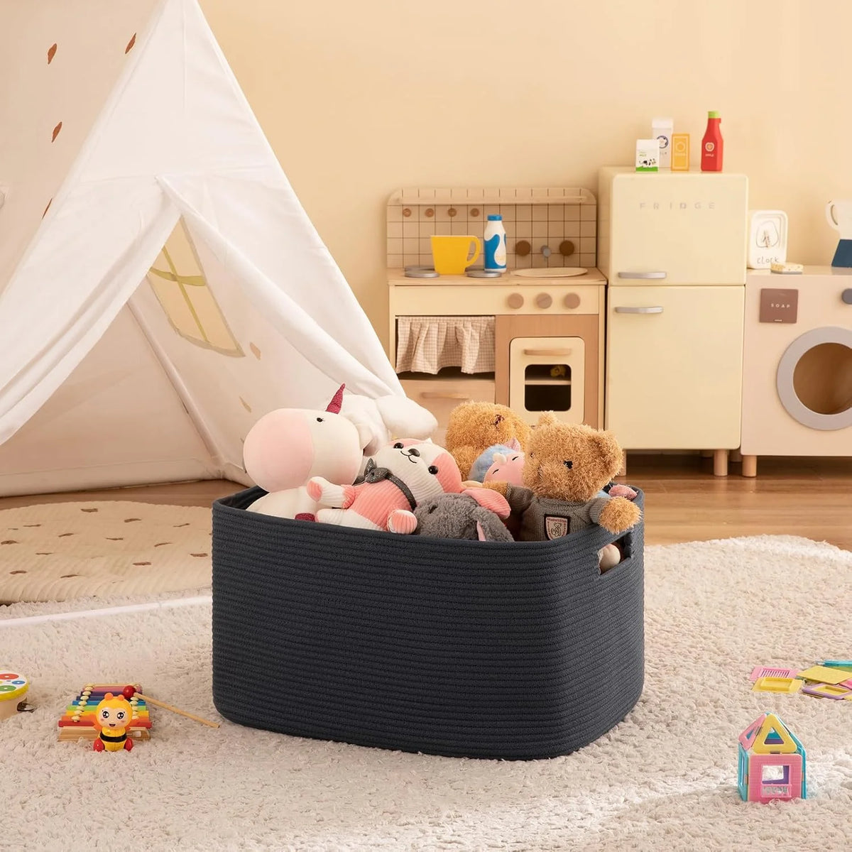 75L Large Woven Cotton Rope Blanket Storage Basket with Handle G729