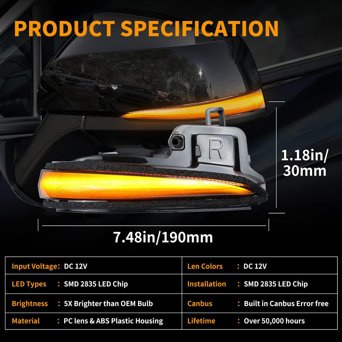 Amber LED Side Mirror Turn Signal Light Indicator Strip Smoked Lens Q4668