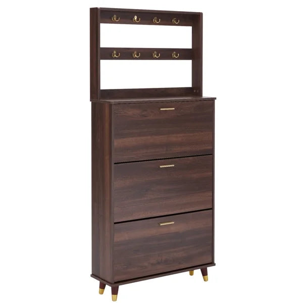Brown Hall Tree with 12 Hooks & 3 Shoe Cabinets I40079