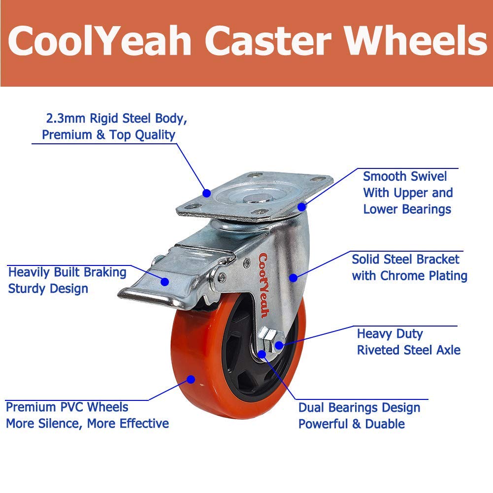 4 inch Swivel Plate PVC Caster Wheels, Heavy Duty Locking Casters (Pack of 8, 4 with Brake & 4 Without) D148